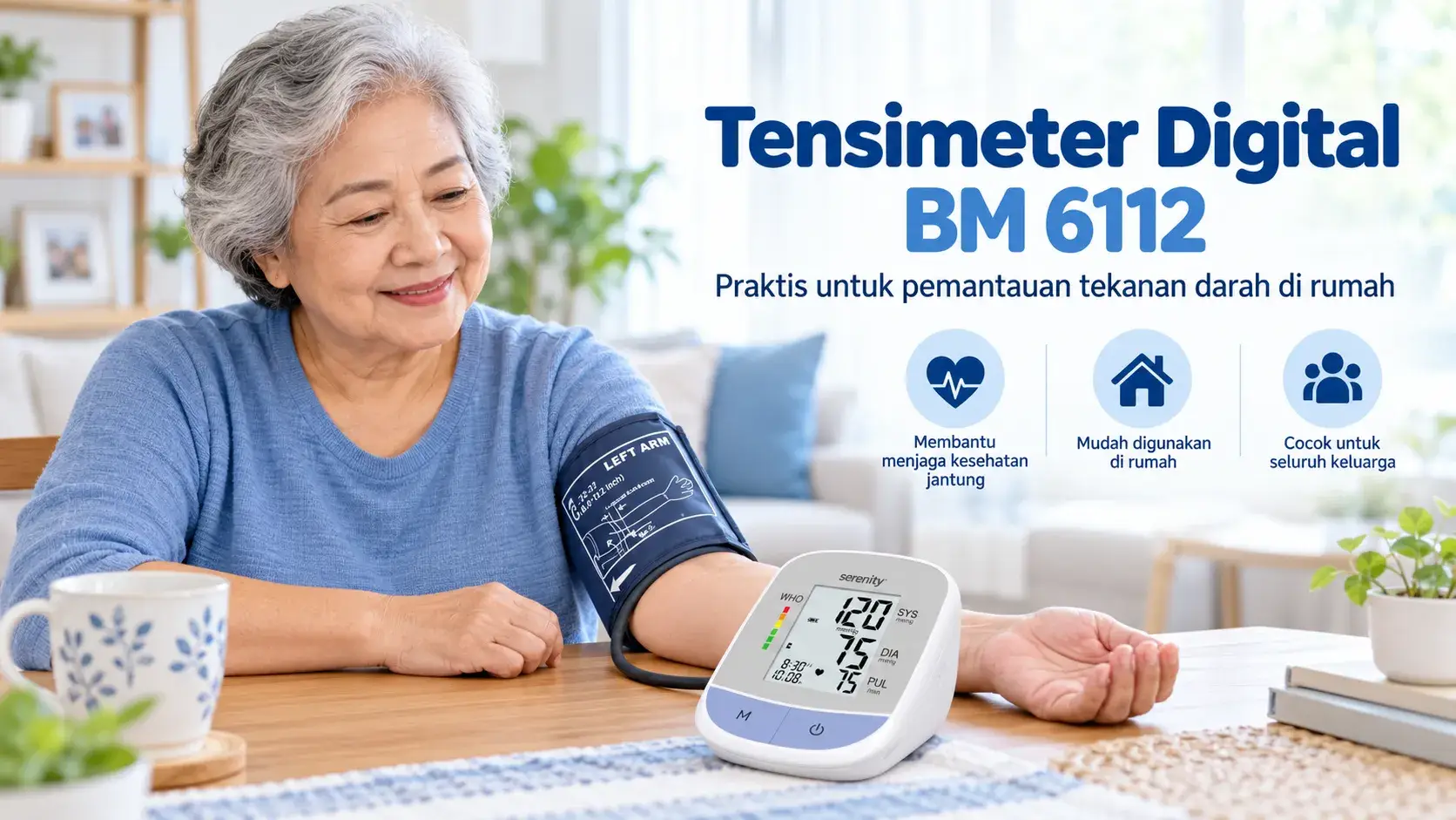 seorang lansia sedang menggunakan tensimeter BM6112