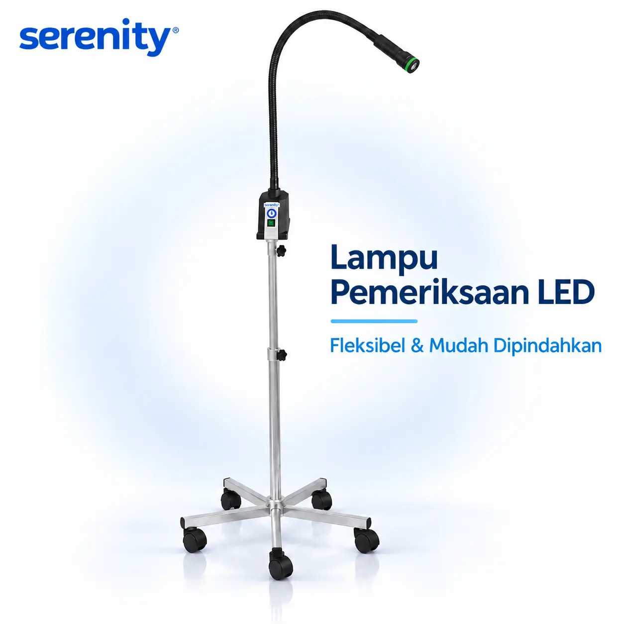 Serenity SR-L03 (RF) adalah lampu periksa LED 3W dengan fungsi re-focus, intensitas hingga 12.000 lux pada jarak 30 cm, flexible arm, dan dimmer untuk membantu pencahayaan area pemeriksaan di klinik, rumah sakit, dan fasilitas kesehatan.