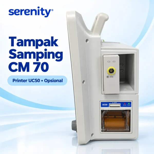 Patient Monitor Serenity CM70 15 inci tampak samping dengan opsi printer