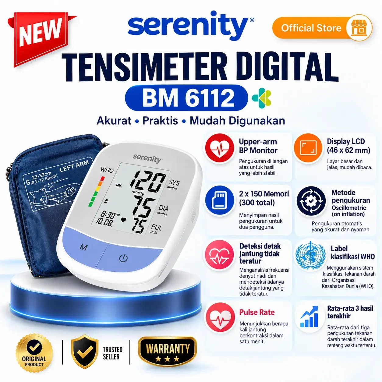 Tensimeter digital Serenity BM 6112 untuk pemantauan tekanan darah di rumah