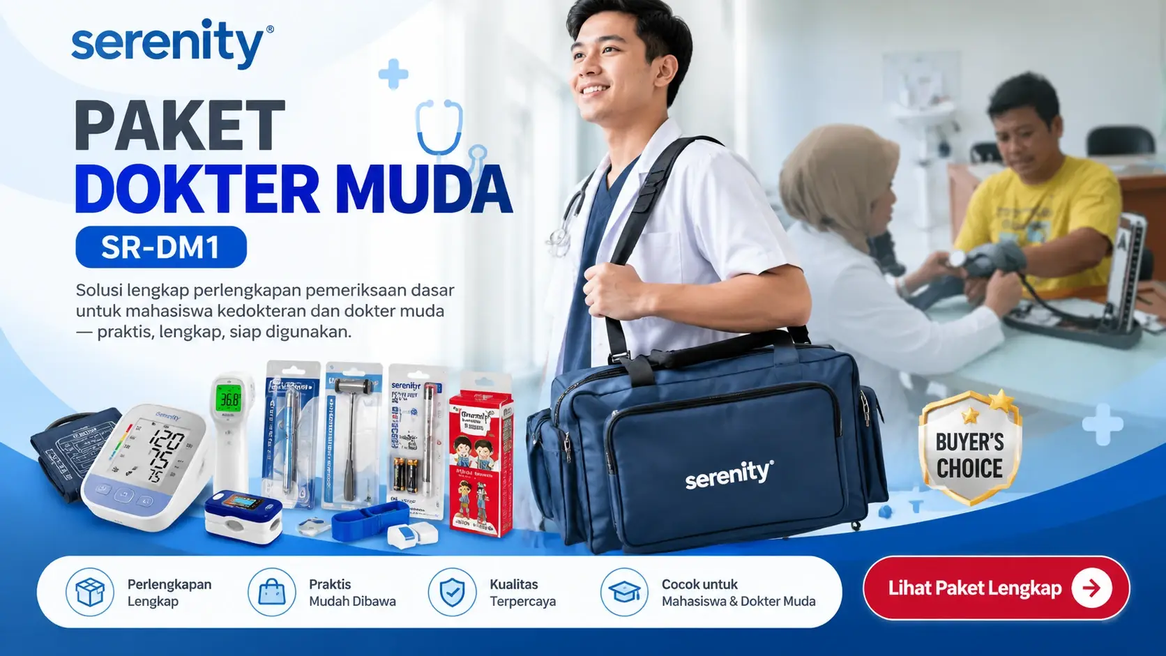 dokter muda sedang membawa tas serenity