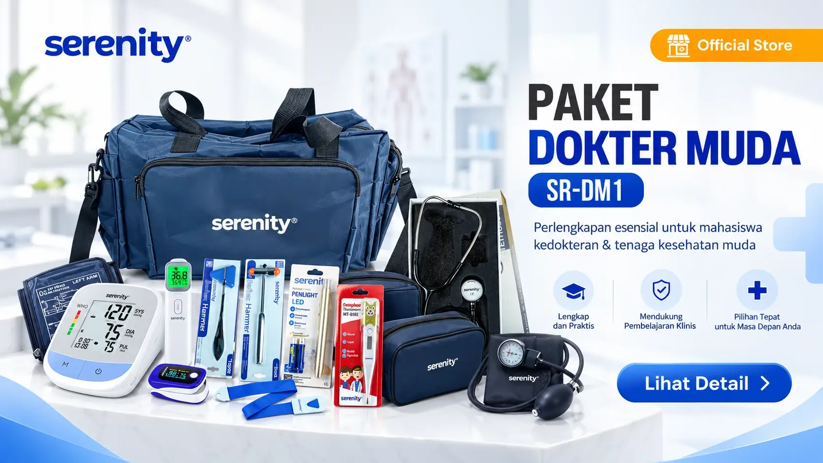 Dokter muda membawa tas Paket Dokter Muda Serenity SR-DM1 untuk perlengkapan kuliah kedokteran dan koas