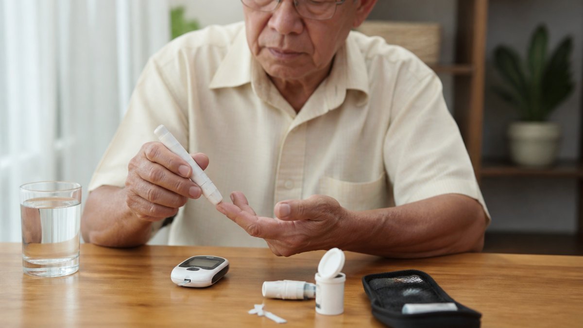 Elderly man checking blood sugar, orang tua laki-laki sedang mengecek gula darah