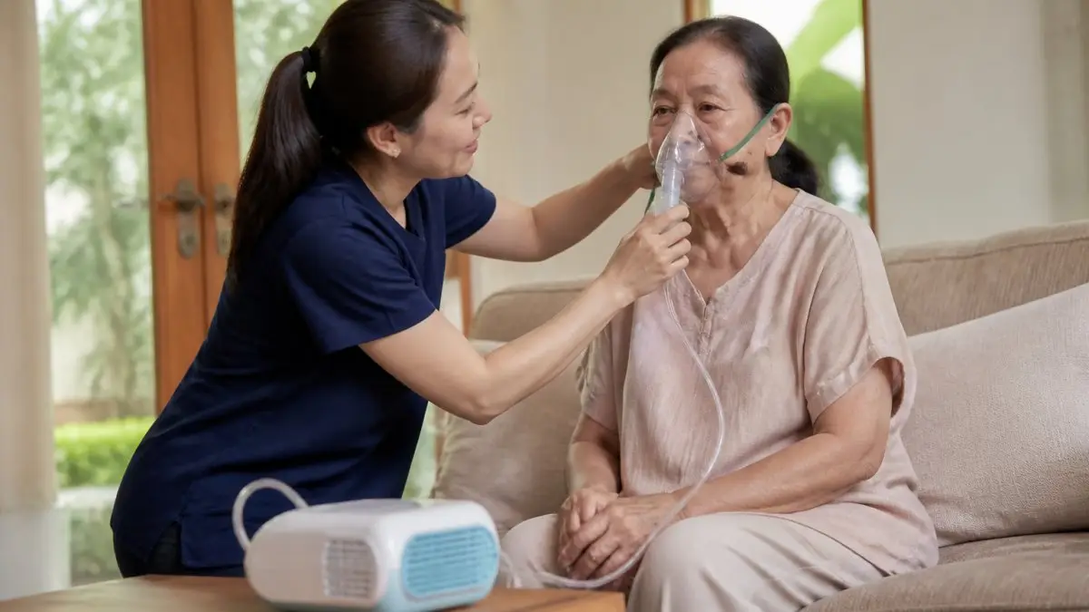 Anggota keluarga membantu lansia memakai masker nebulizer di rumah untuk merasakan manfaat nebulizer secara maksimal.
