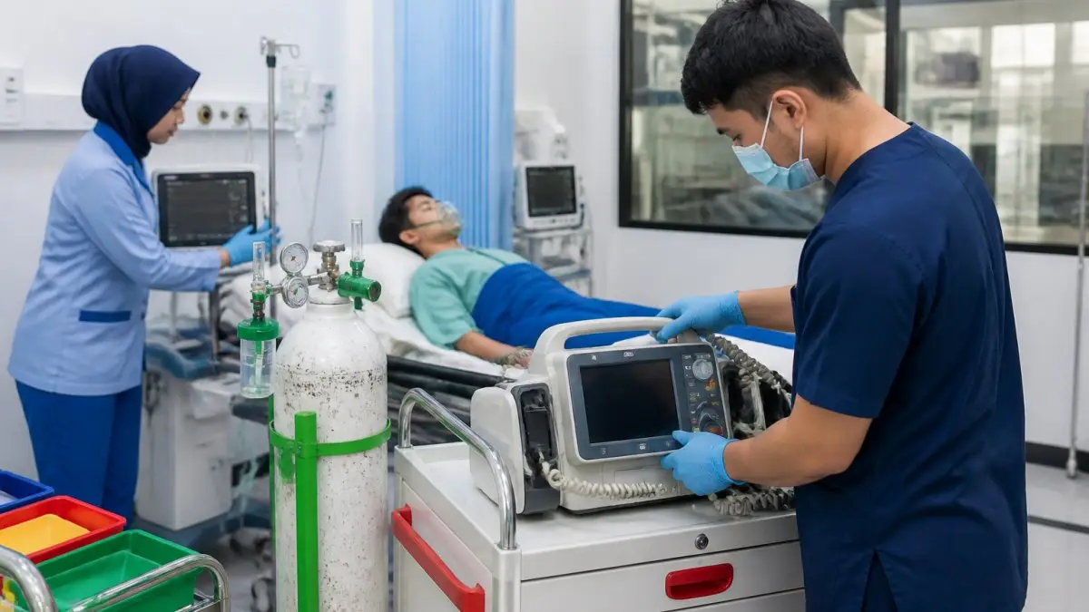 Tim medis di ruang IGD rumah sakit tipe C memeriksa dan merapikan monitor pasien, defibrilator, dan tabung oksigen di samping tempat tidur pasien dengan pencahayaan ruangan terang