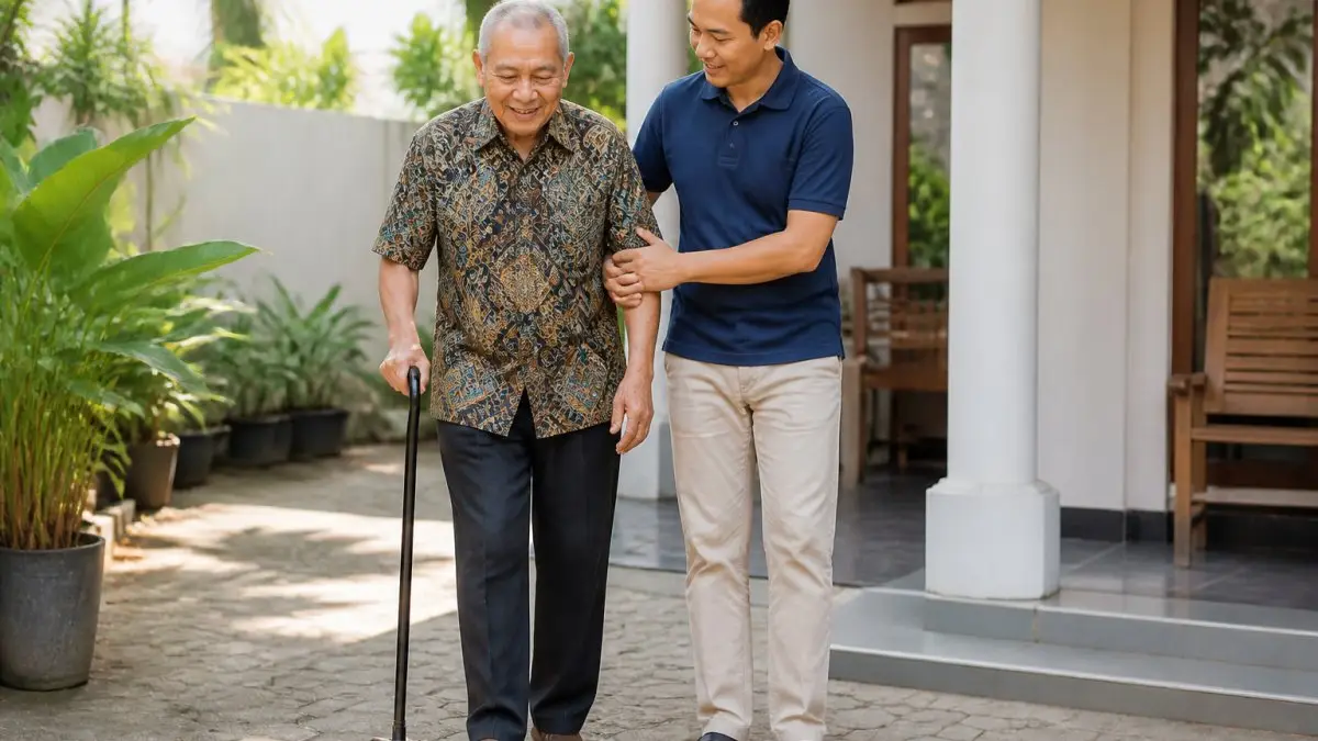 Seorang lansia Indonesia tersenyum sambil berjalan perlahan menggunakan tongkat di halaman rumah yang terang, didampingi anggota keluarga dewasa yang berjaga di sampingnya, suasana hangat dan aman